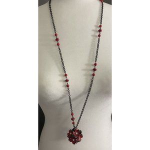 Red Flowered Ball Costume Jewelry Long Necklace 18”